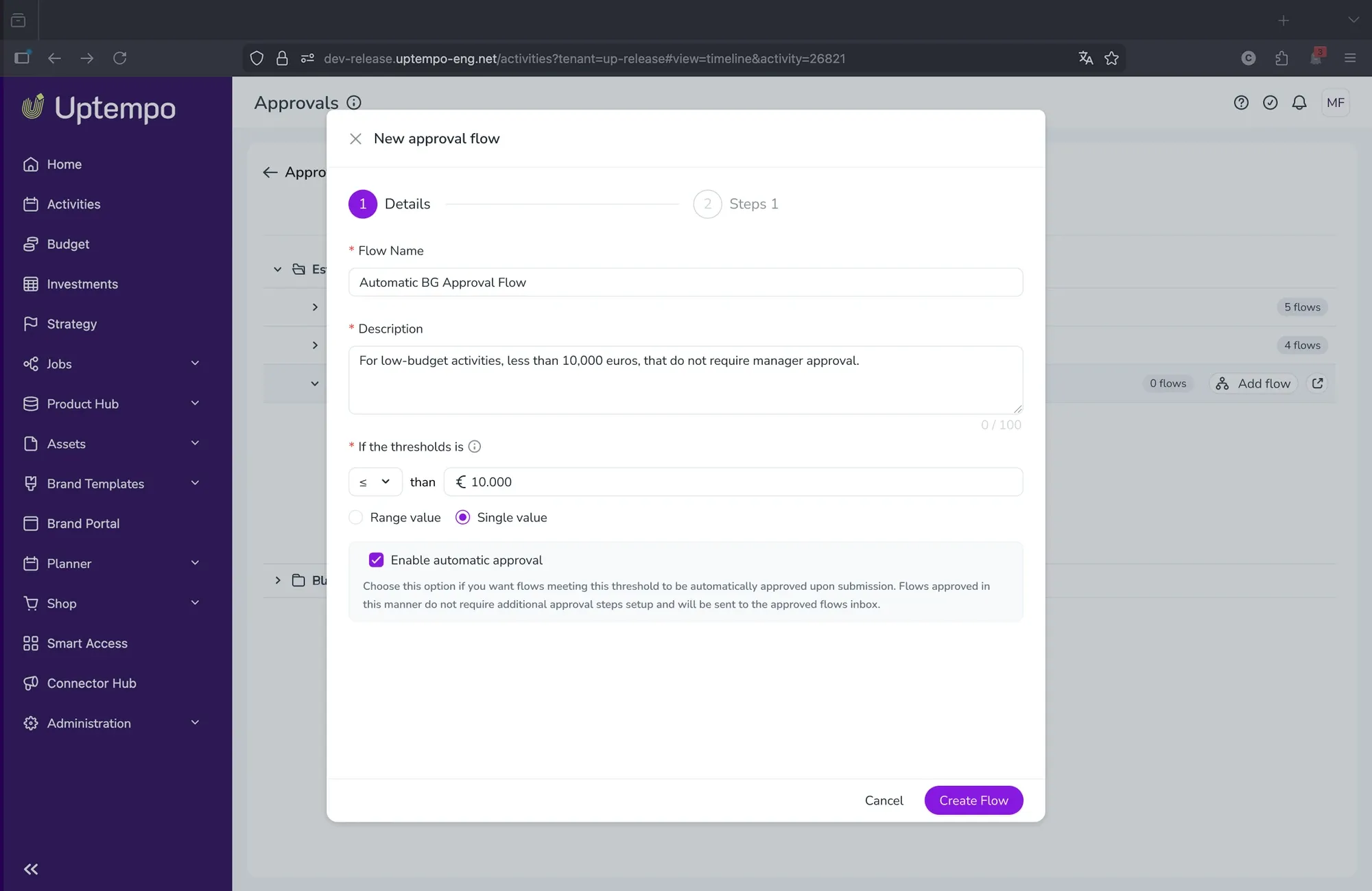 Uptempo approval-workflow prototype screen