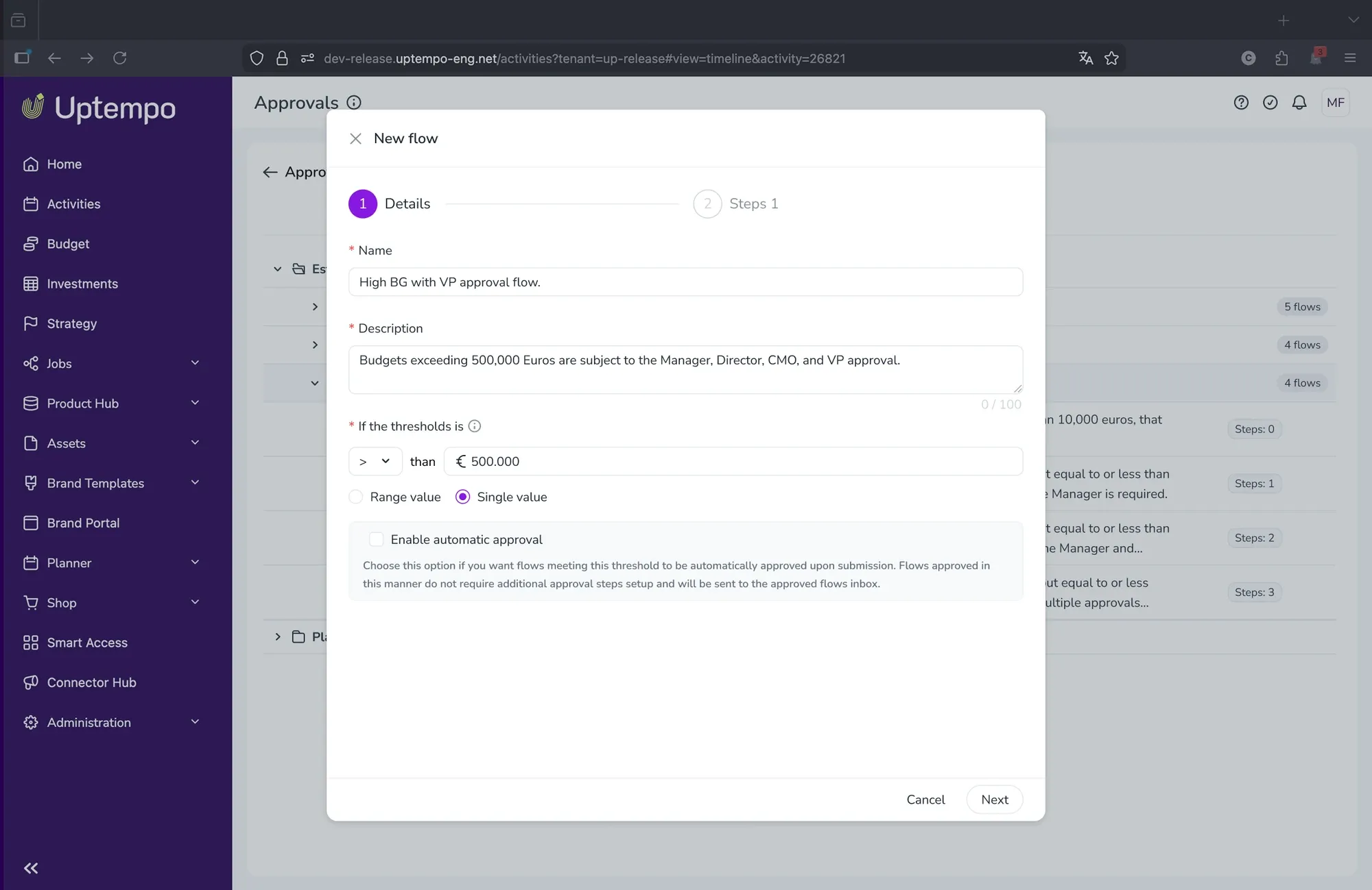Uptempo approval-workflow prototype screen