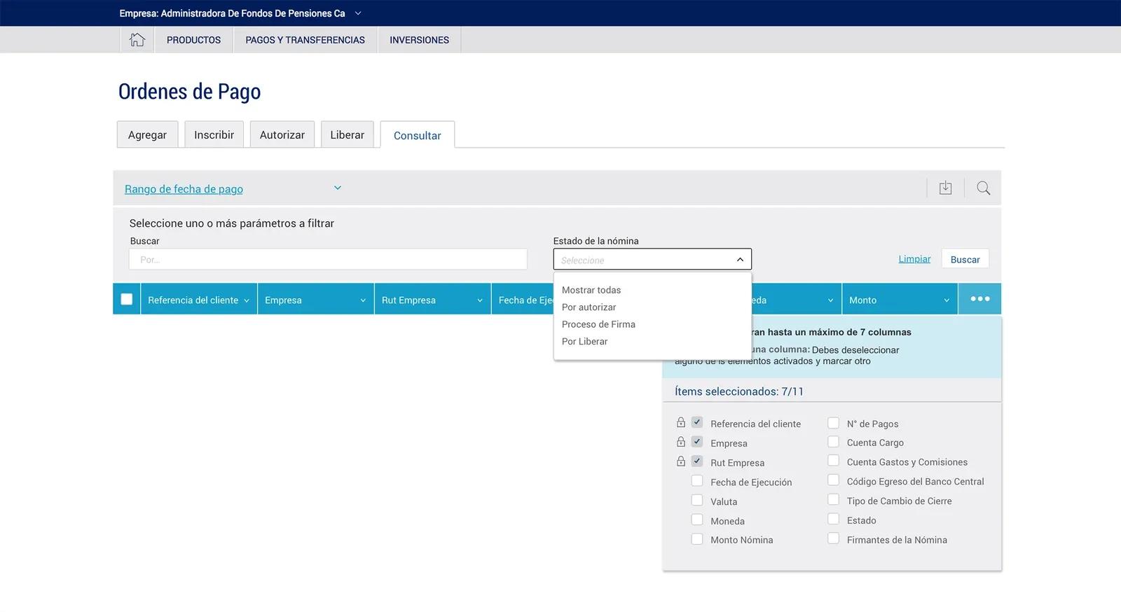 Column visibility controls on a dense data table