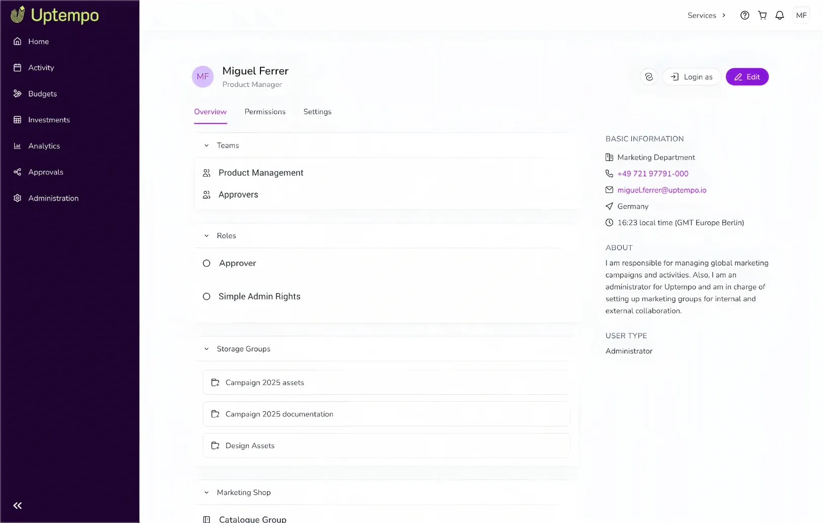 User profile screen with roles, permissions, and user data