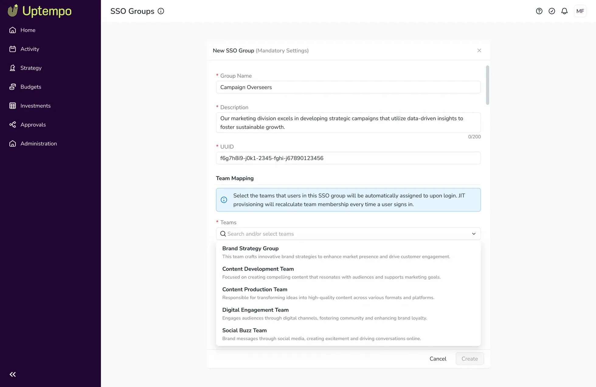 Screen for mapping a company's own structure onto the platform