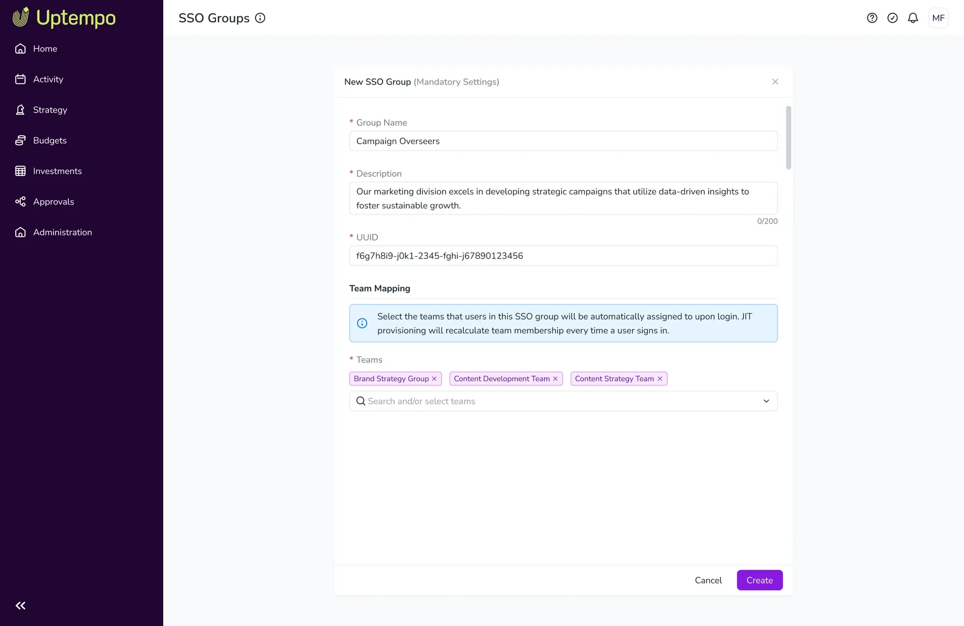 Third-party integration screen using UUID and existing teams