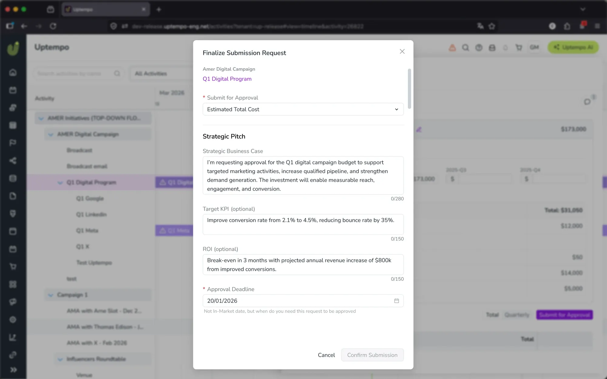 Submission screen for stating the business case, target KPI, and ROI