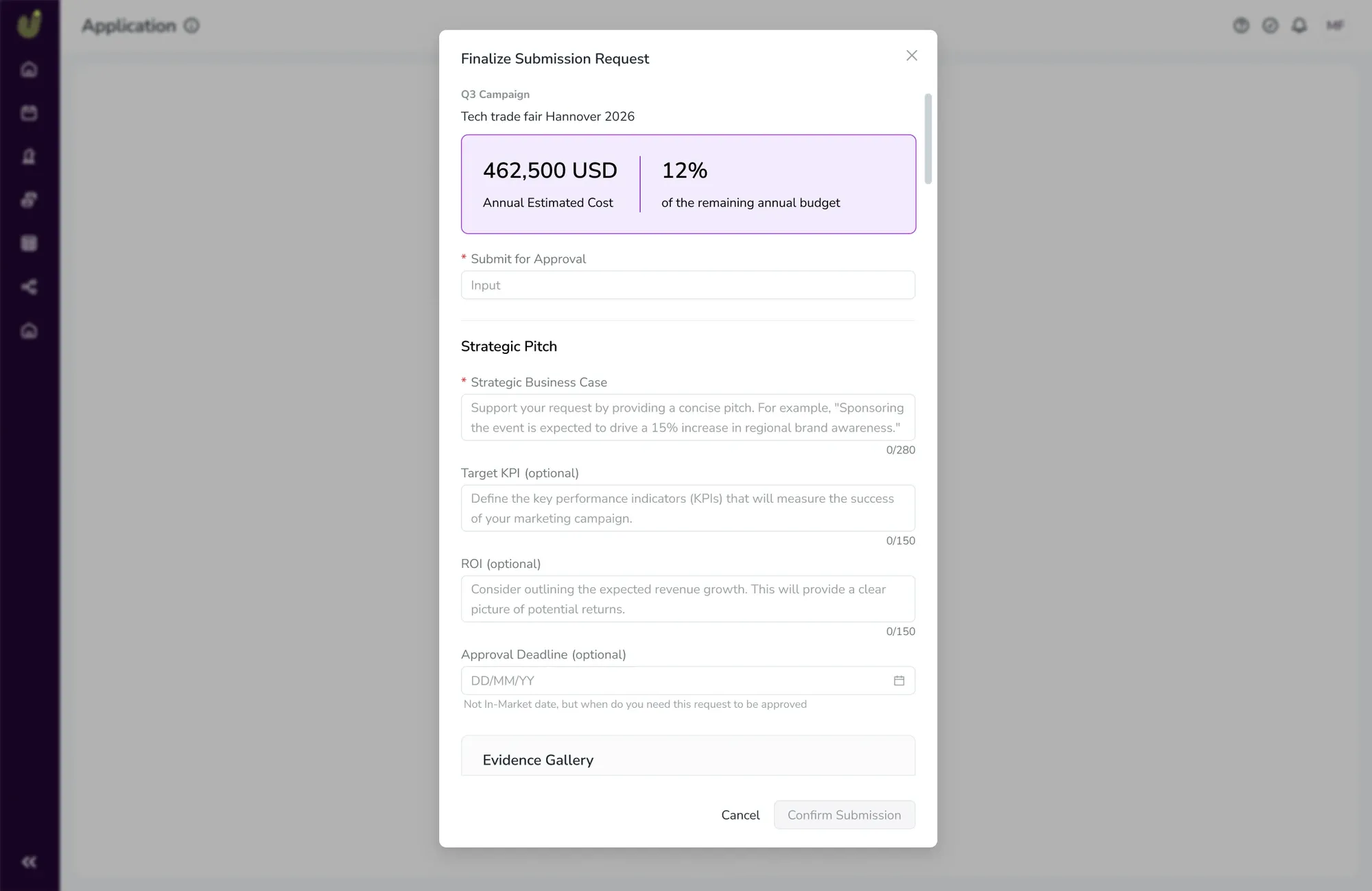 Request screen showing cost against the client's remaining annual budget