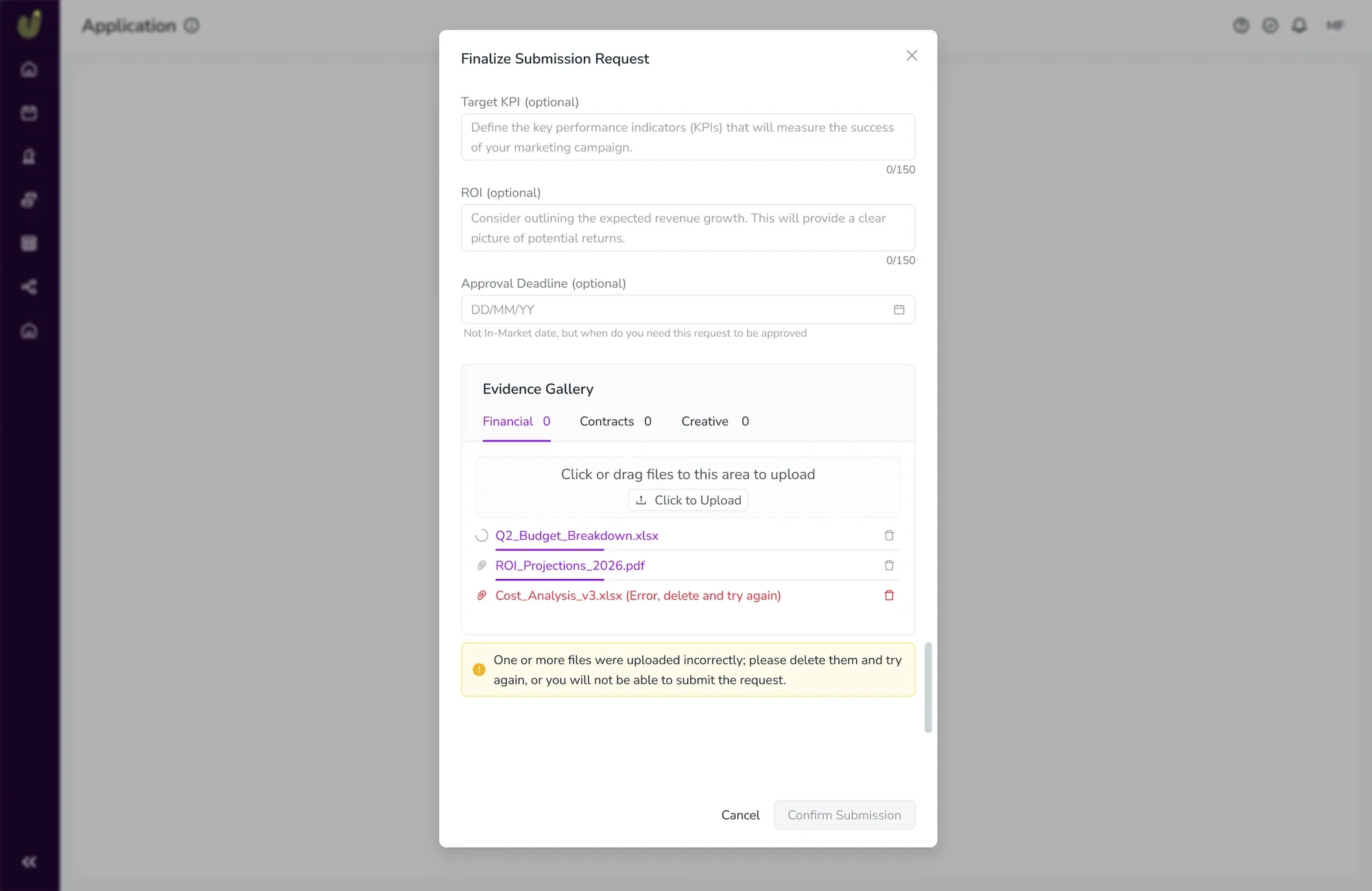 Evidence upload screen organized by document type