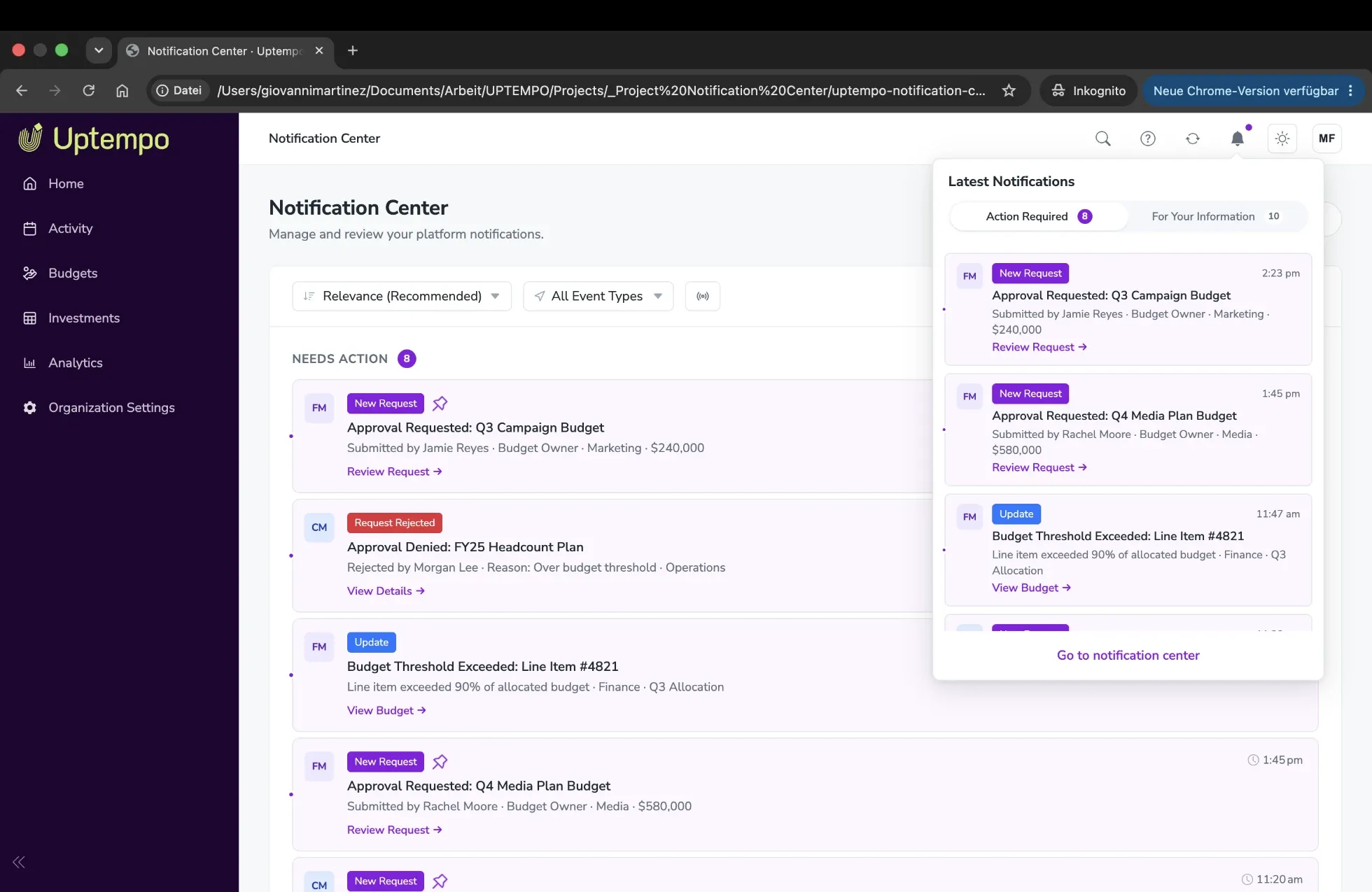 In-app notifications shown in the header