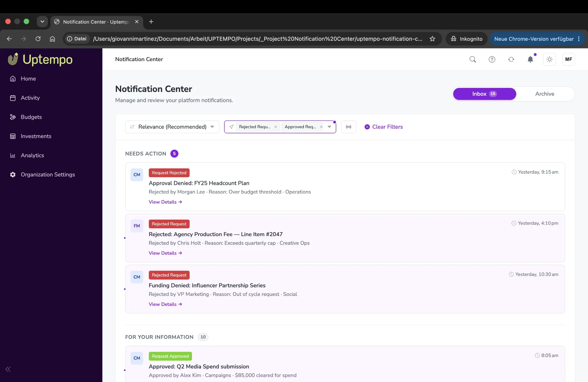 Notification feature restoring a capability for BrandMaker and Allocadia clients
