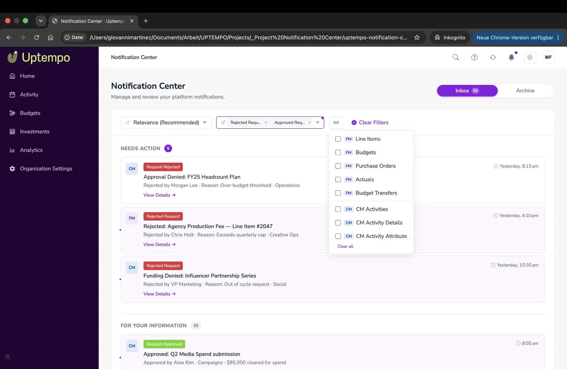 Filter by notification source