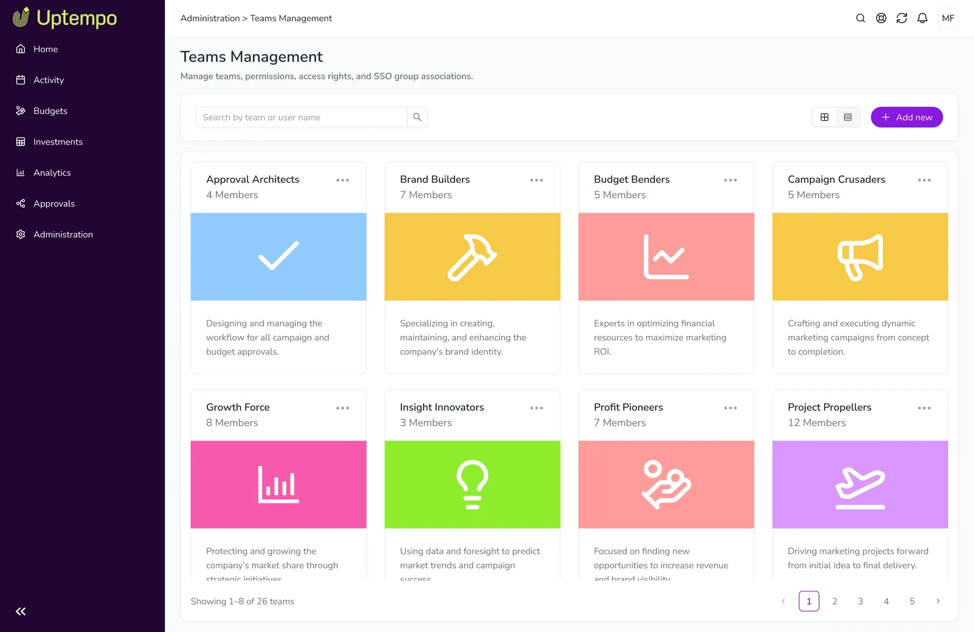 Teams screen using color and icons to catalog and sort teams