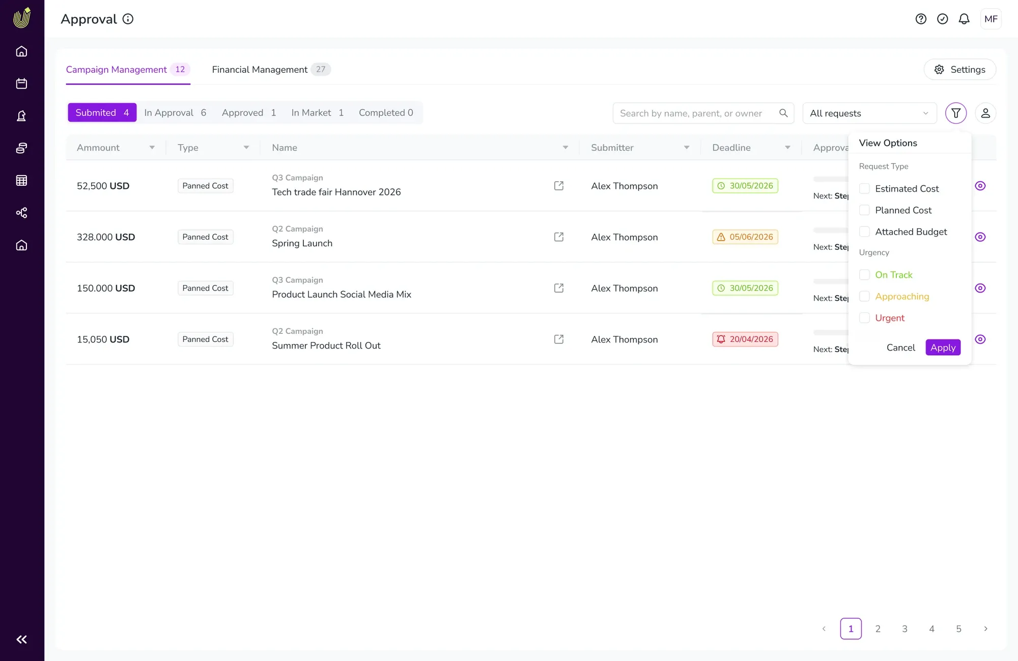 Inbox screen filtered by request type and urgency