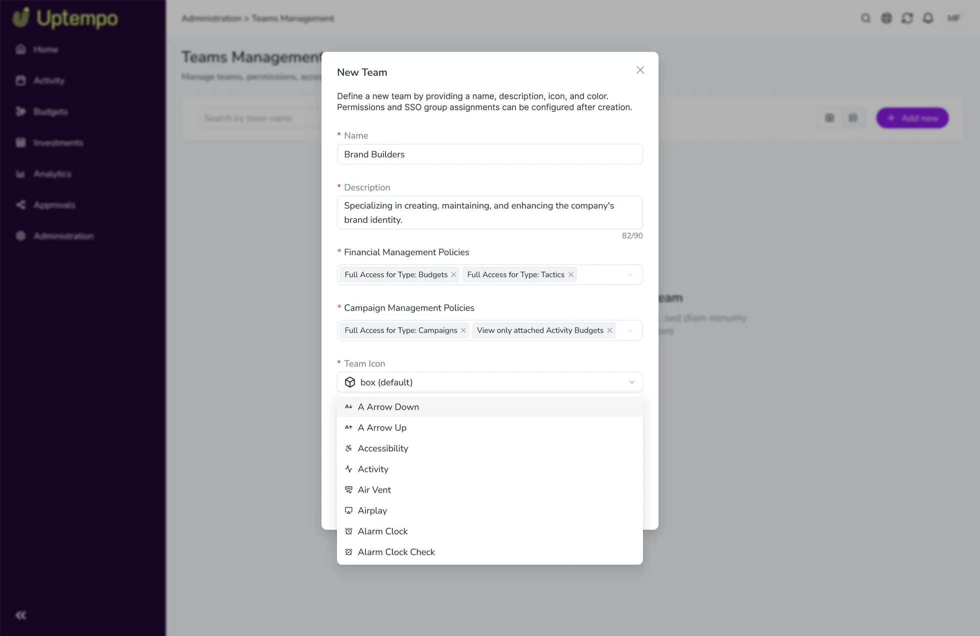 Icon selection screen for cataloging teams