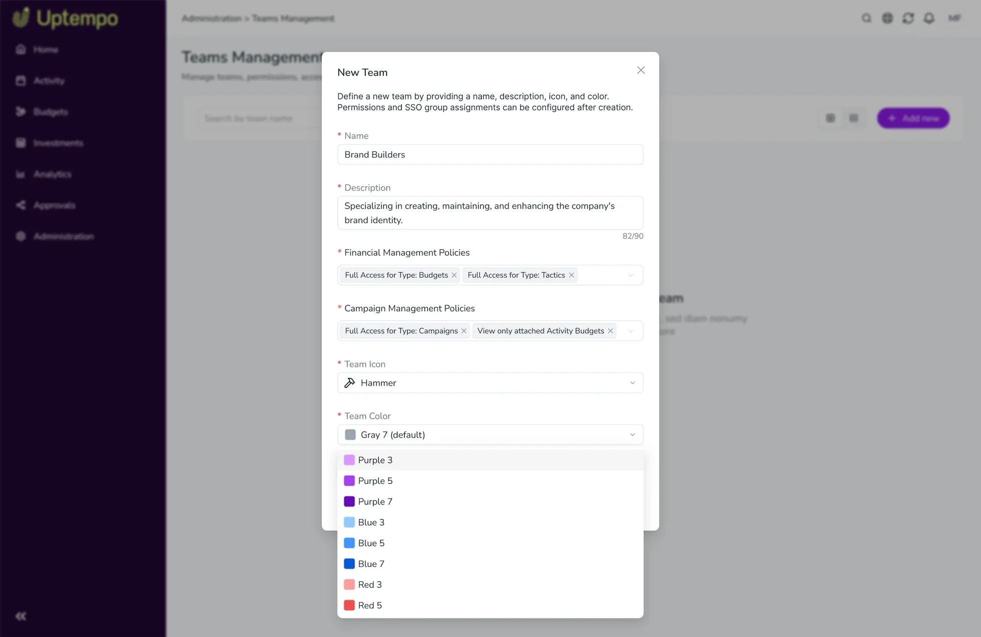 Color selection screen for cataloging teams