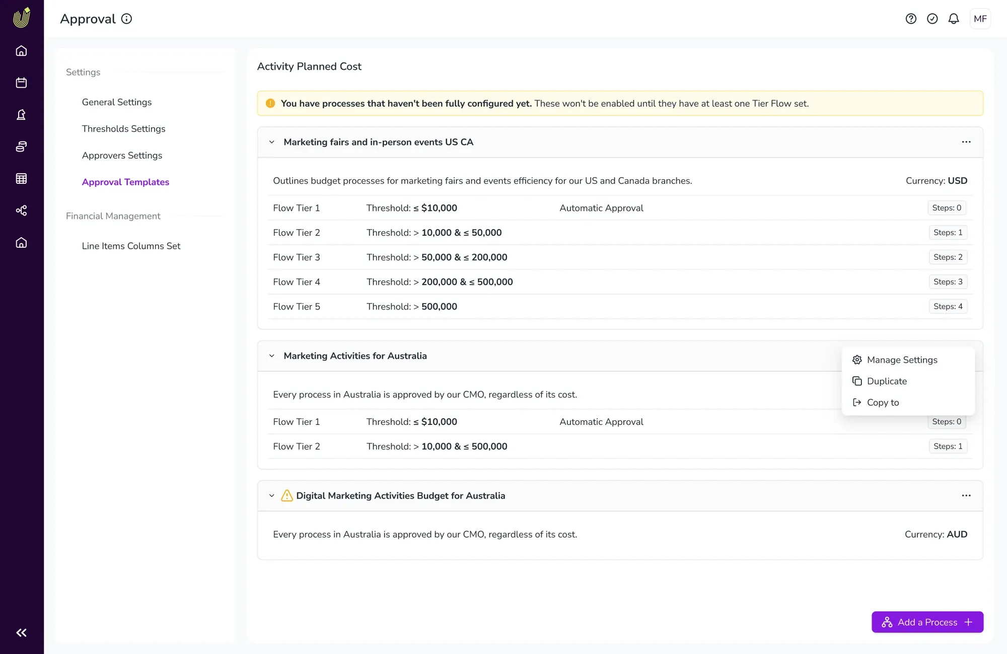 Configured processes section, each scoped to its own region and running its own thresholds independently.