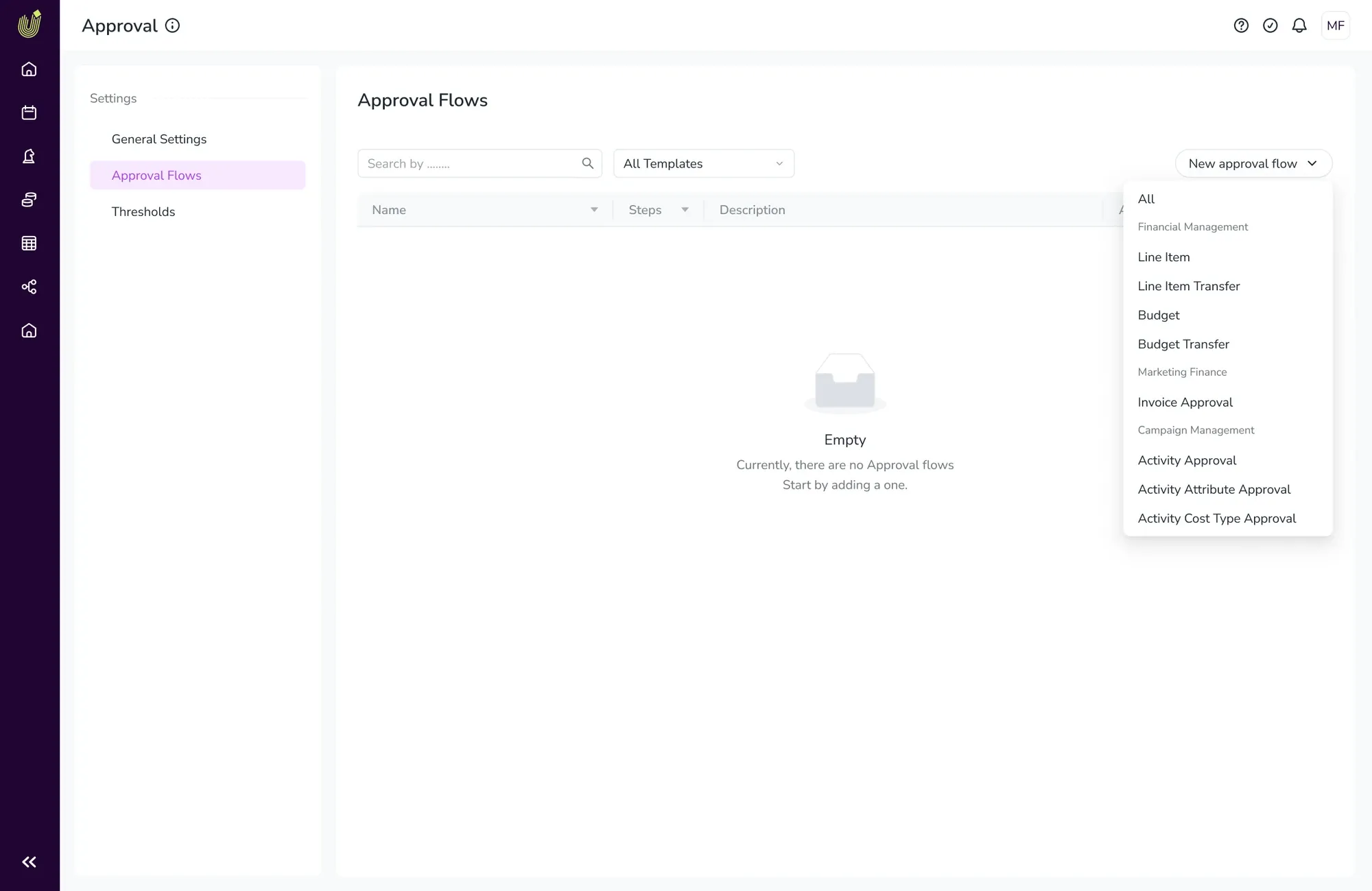 Approval Flows settings in its empty state, with the New approval flow template menu open showing categories like Financial Management and Campaign Management