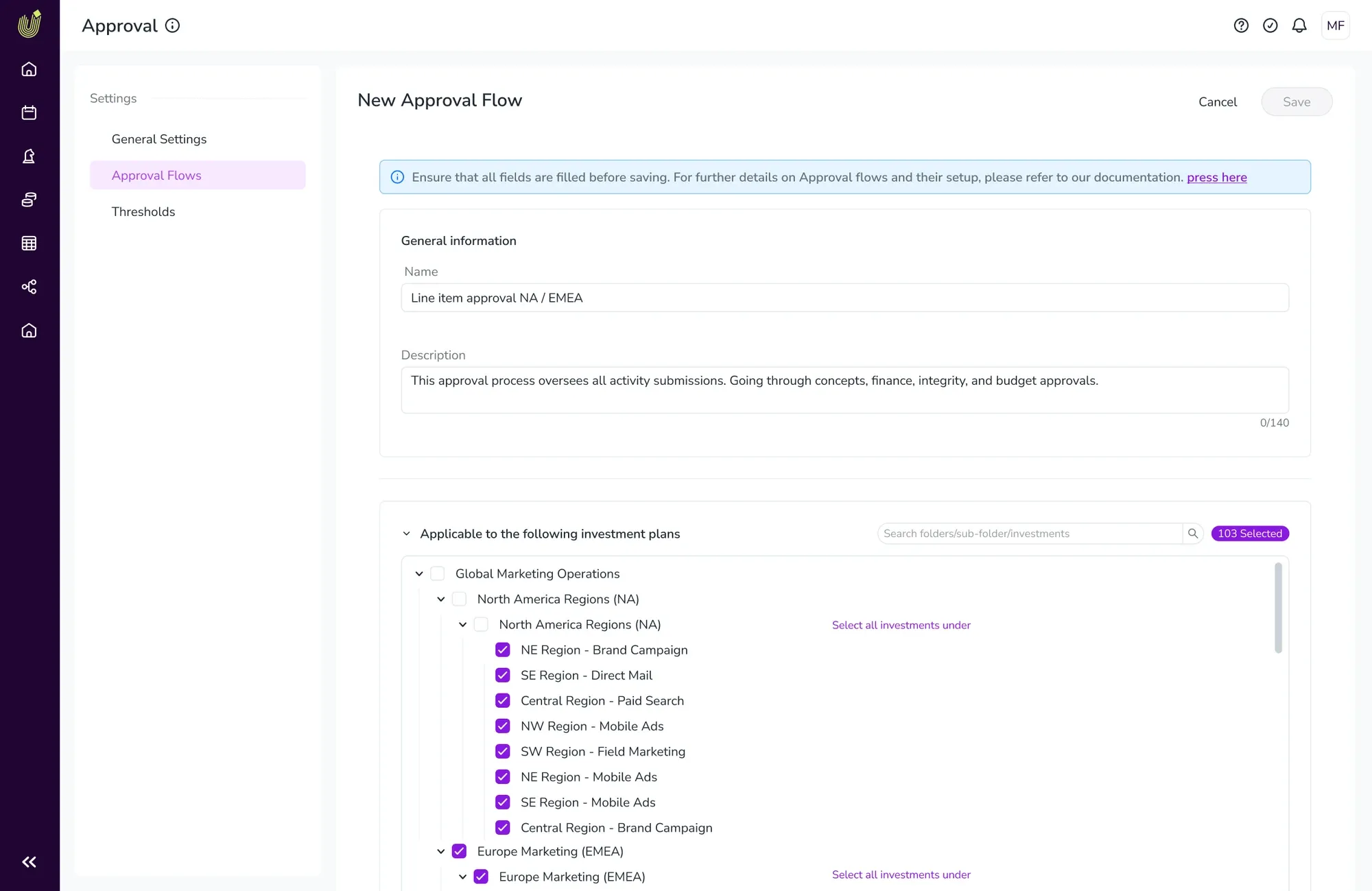 New Approval Flow form with a name and description entered, and an investment plan tree showing regions and campaigns selected for NA and EMEA