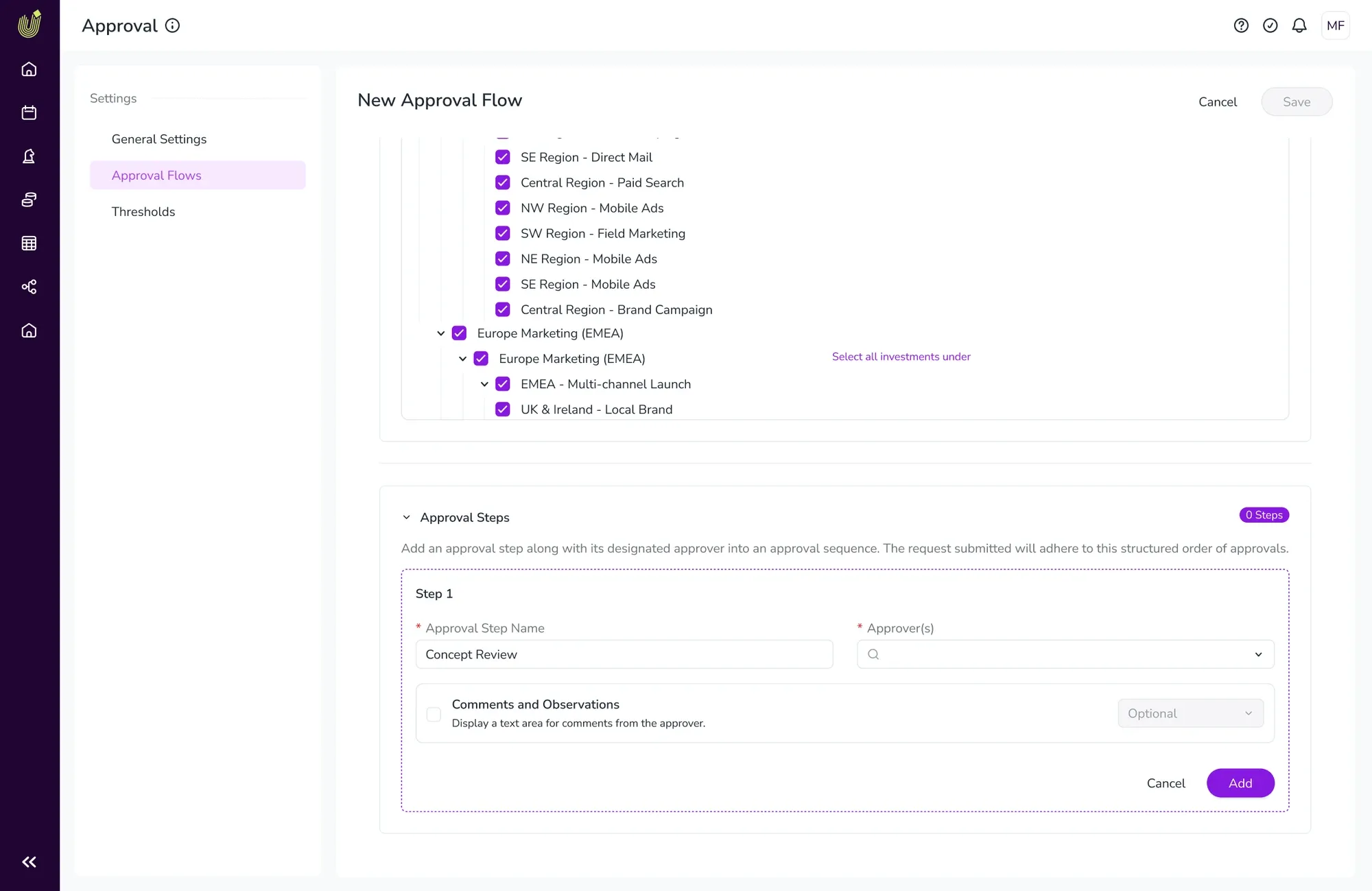New Approval Flow form scrolled to the Approval Steps section, adding a Concept Review step with its approvers