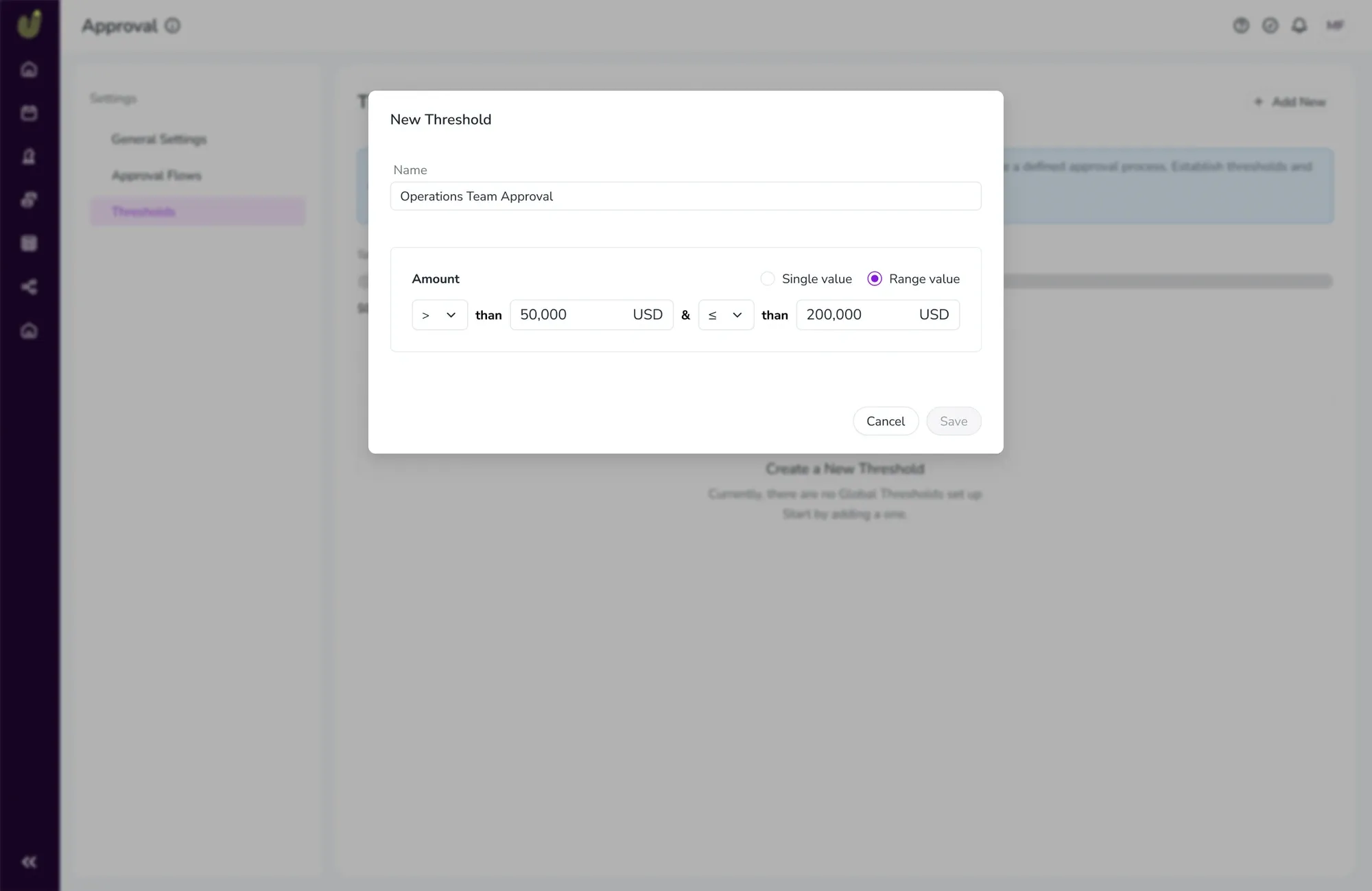 New Threshold modal for an Operations Team Approval tier, set to a range value greater than 50,000 and up to 200,000 USD